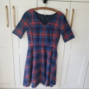eShakti Fit & Flare Dress Womens M10 Navy Red Plaid Midi Half Sleeve Pockets